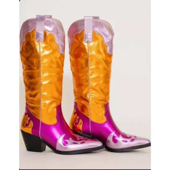 Azalea Wang Hendrix Western Cowboy Boot Knee High Pink/Orange Metallic Sz 9 - Picture 3 of 12